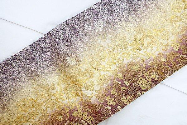 袋帯 唐花文様 リバーシブル 紫 金 お洒落 古典 正絹 仕立て上がり