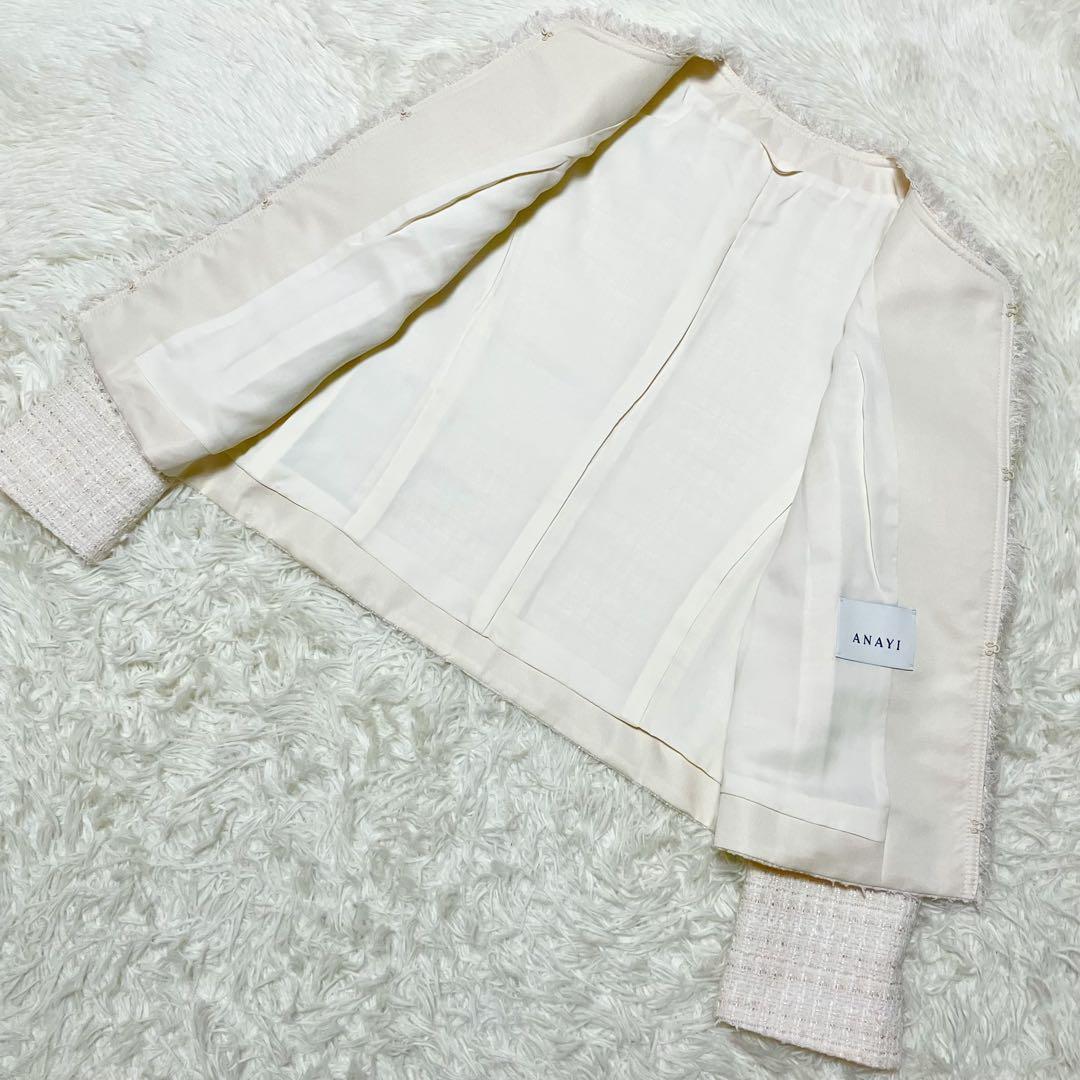 ANAYI 23年モデル ミックスツィードノーカラー ジャケット ピンク 36