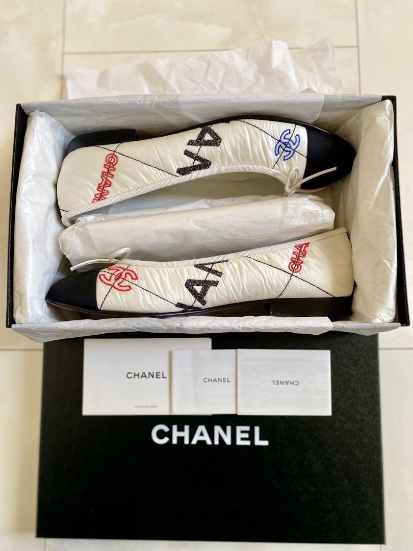 美品 CHANEL 刺繍ロゴ バレエシューズ 38.5 バレリーナ シャネル