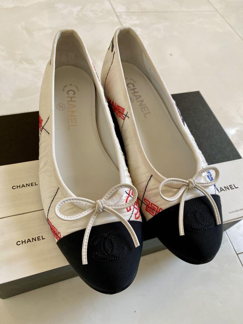 美品 CHANEL 刺繍ロゴ バレエシューズ 38.5 バレリーナ シャネル