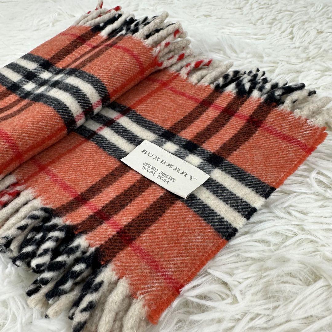 極美品 近年タイプBURBERRY チェック柄マフラー オレンジ系 イタリア製