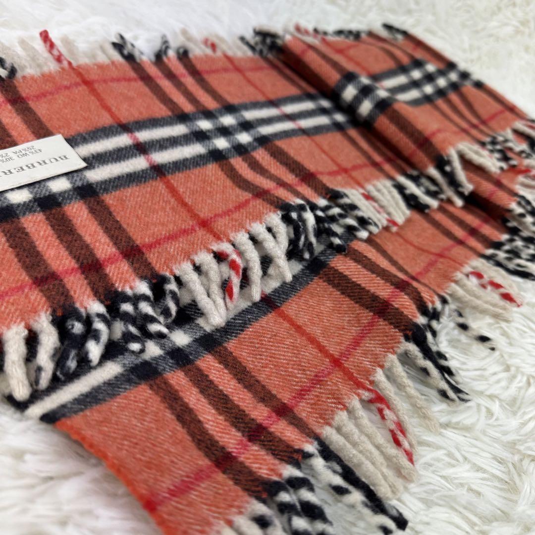 極美品 近年タイプBURBERRY チェック柄マフラー オレンジ系 イタリア製