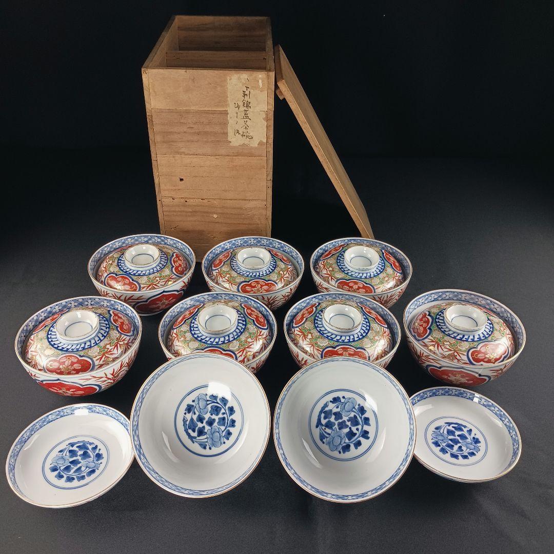 Y2795-1 伊万里 染錦 窓絵 蓋茶碗 9客 共箱 - メルカリ