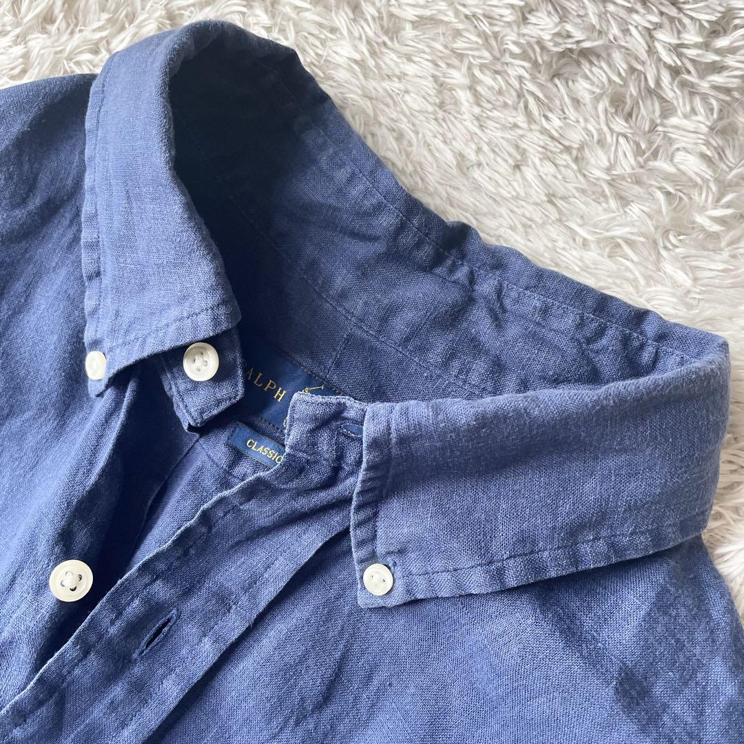 美品 現行 ラルフローレン linen BD L/S shirt L navy