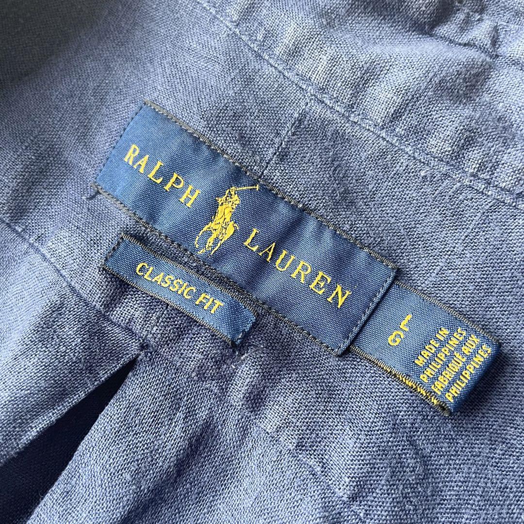 美品 現行 ラルフローレン linen BD L/S shirt L navy
