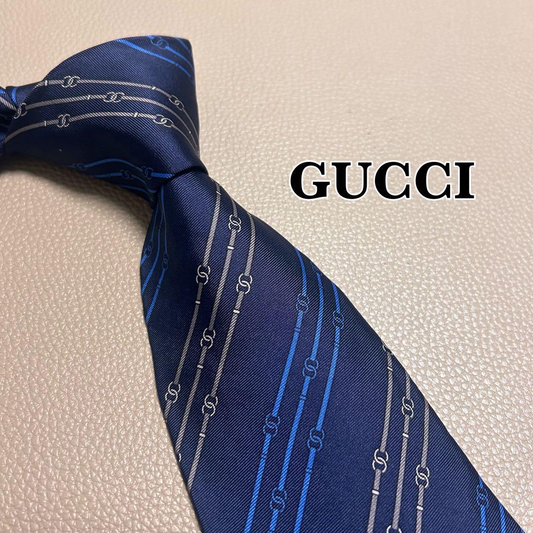 グッチ ネクタイ GG ストライプ ドット チェック ネイビー 紺色