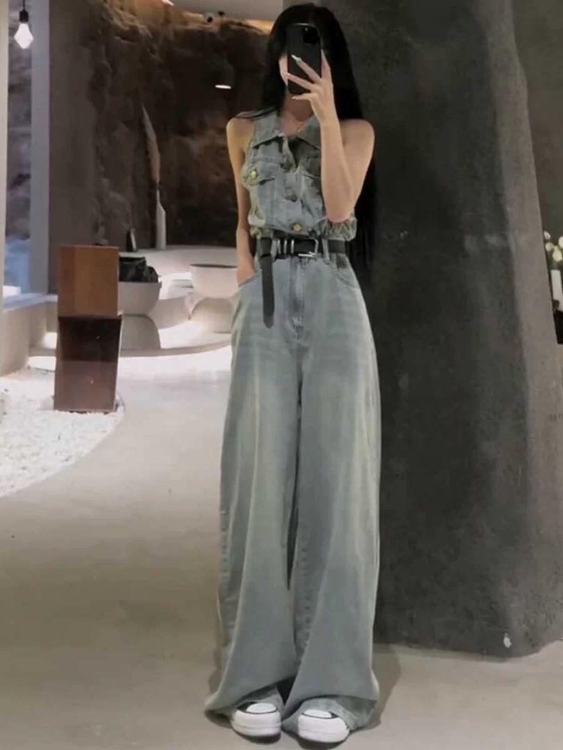 ノースリーブポロカラー♡デニムジャンプスーツ 春夏お出かけコーデに