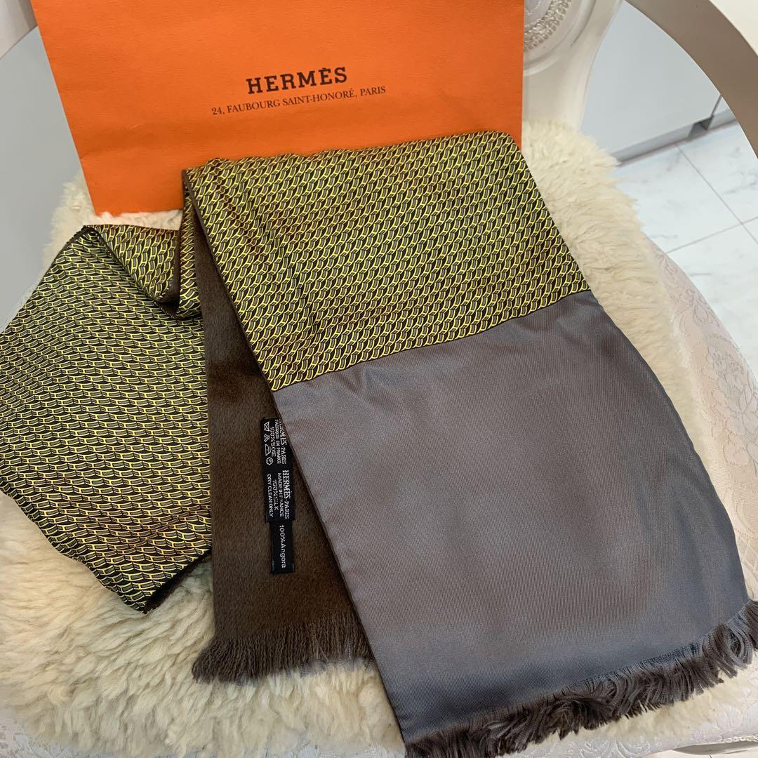 ☆超美品☆HERMES リバーシブルマフラー ストール シルクxアンゴラ Hロゴ