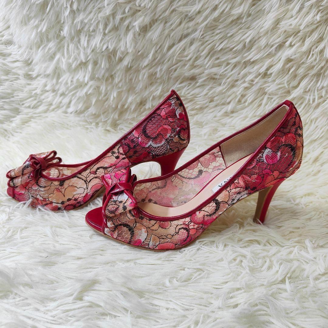 美品 DIANA ダイアナ パンプス フラワー　レースチュール　リボン