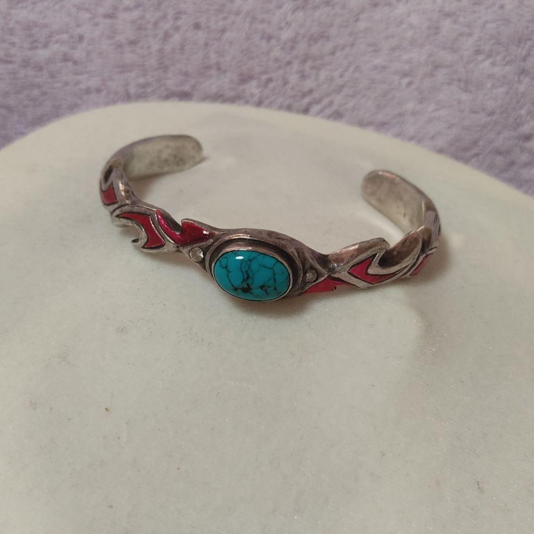 ハンドメイド 純銀シルバー製ファイヤーパターンターコイズバングル