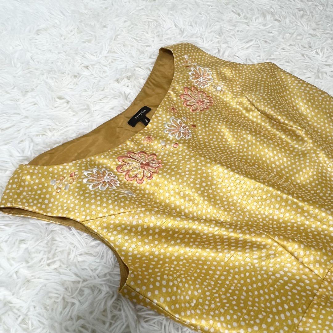 美品✨TOCCA 花刺繍 ノースリーブワンピース ドット柄 イエロー 2