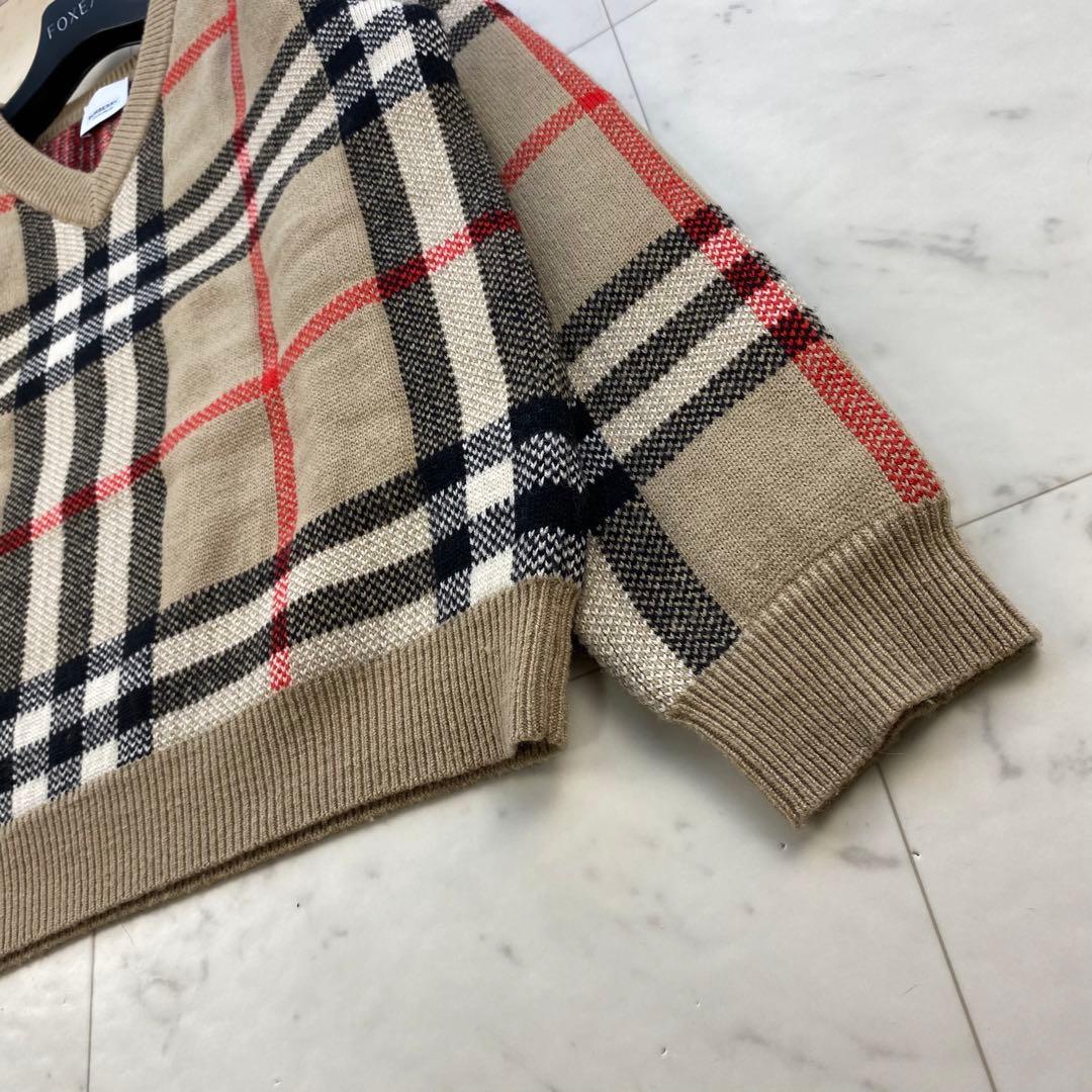 カシミヤ混◎バーバリー　ニット 現行　ギガチェック　ベージュ　セーター　Ｖネック