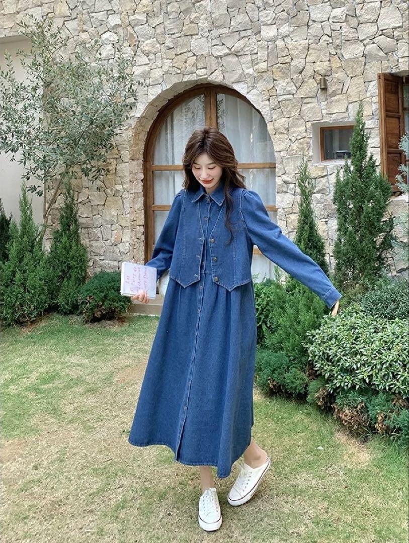 女の子向けプレゼント集結 春夏デニムロングワンピース❤️Aラインゆったり女子会デート ジャケット・アウター