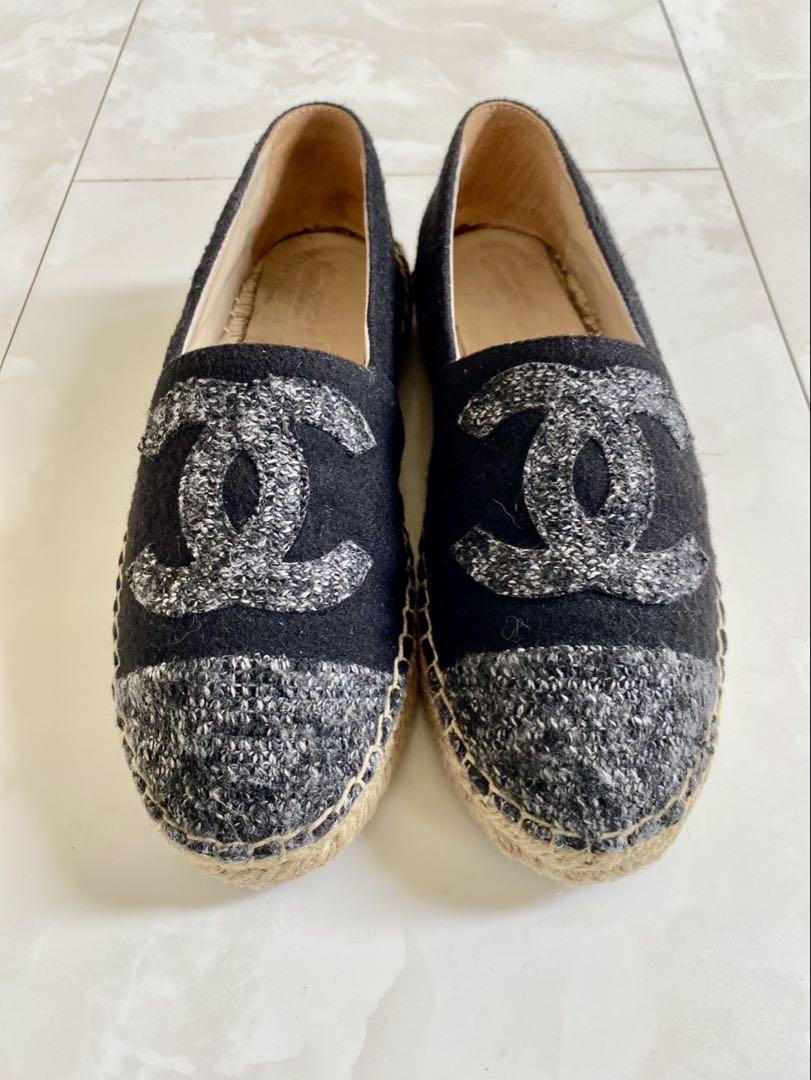 美品 シャネル ツイード エスパドリーユ スニーカー 黒 CHANEL