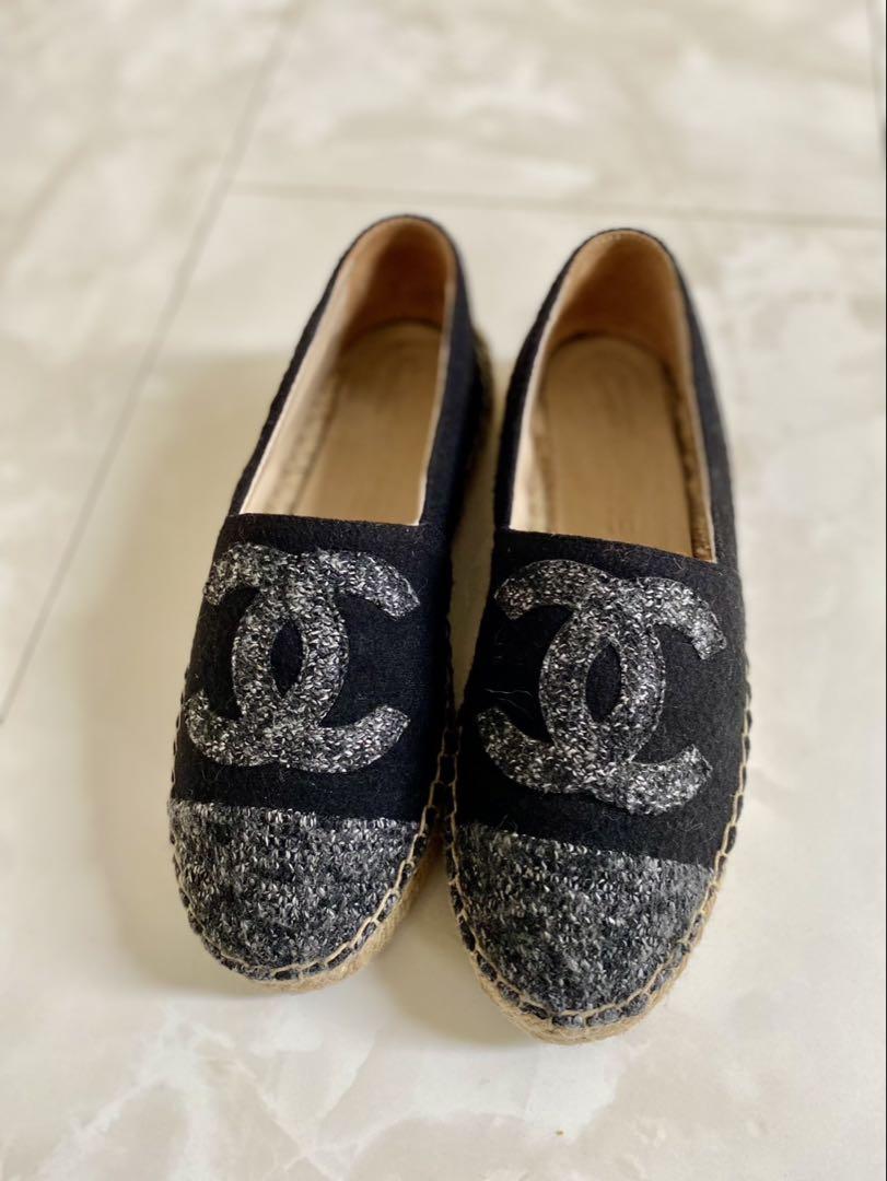 美品 シャネル ツイード エスパドリーユ スニーカー 黒 CHANEL
