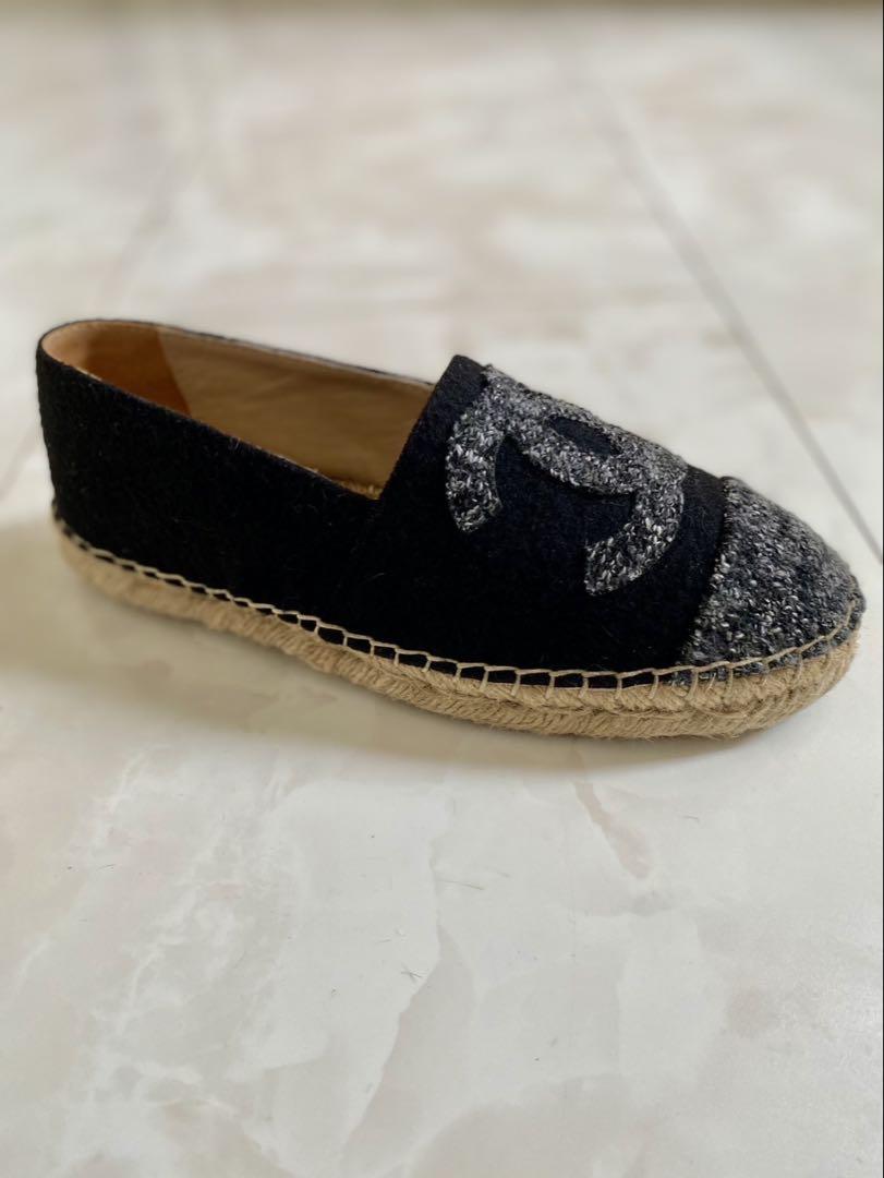 美品 シャネル ツイード エスパドリーユ スニーカー 黒 CHANEL