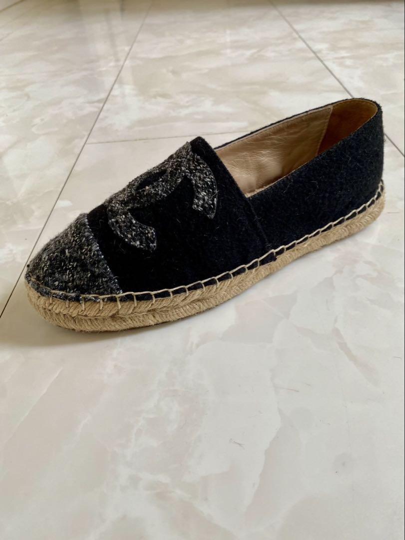美品 シャネル ツイード エスパドリーユ スニーカー 黒 CHANEL