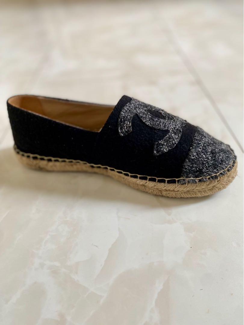 美品 シャネル ツイード エスパドリーユ スニーカー 黒 CHANEL