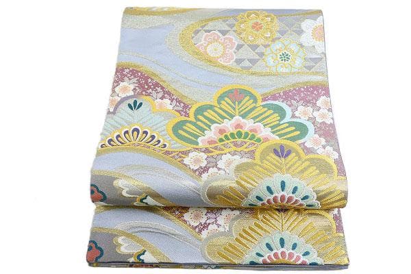 美品 袋帯 ブルーグレー 松 華紋 長さ4m38cm フォーマル お洒落 正絹