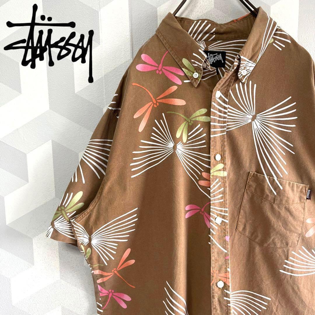 【ステューシー】USA製 Lサイズ相当 半袖BD アロハシャツ 茶stussy