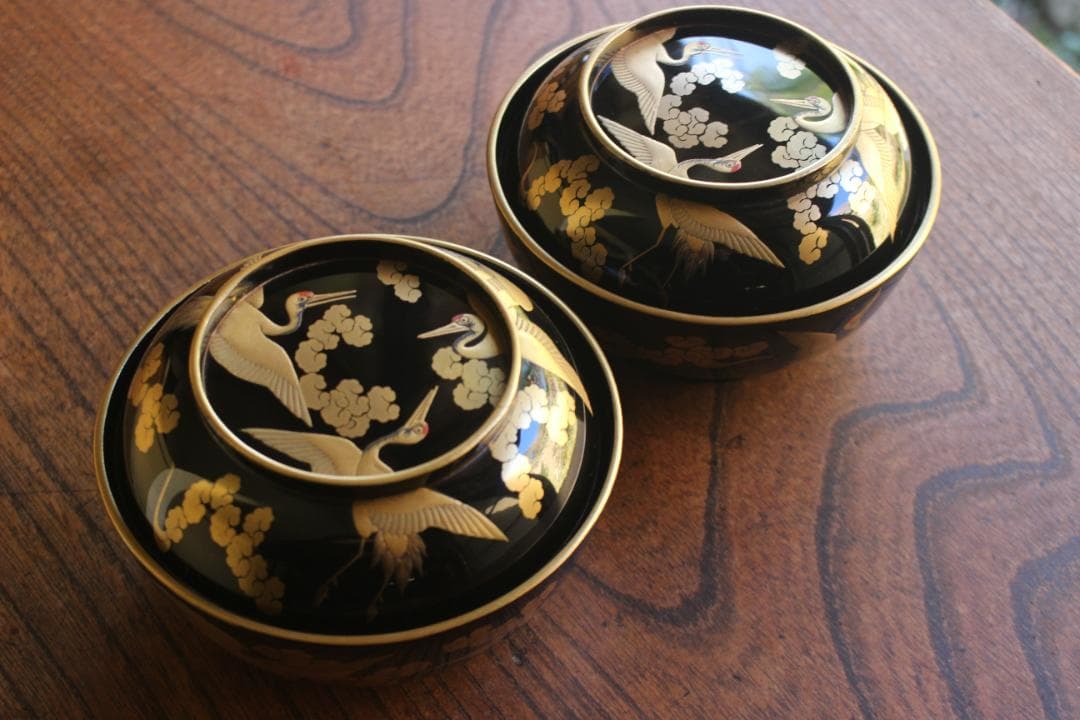時代逸品！時代金縁黒漆に極上雲鶴蒔絵の映える煮物椀2点（検京塗輪島塗雑煮椀
