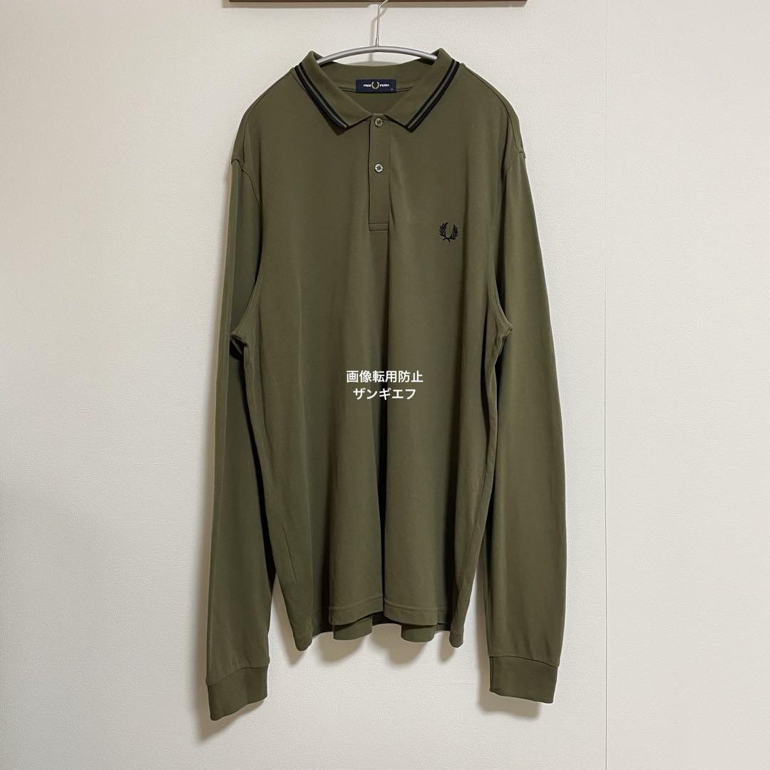 美品】FRED PERRY カーキ 長袖ポロシャツ XLサイズ 美品】FRED PERRY カーキ 長袖ポロシャツ XLサイズ