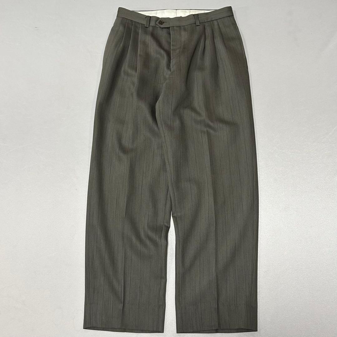 90s Euro Vintage ウール 3タック ストライプ スラックス 光沢FREE SIZE・VINTAGE