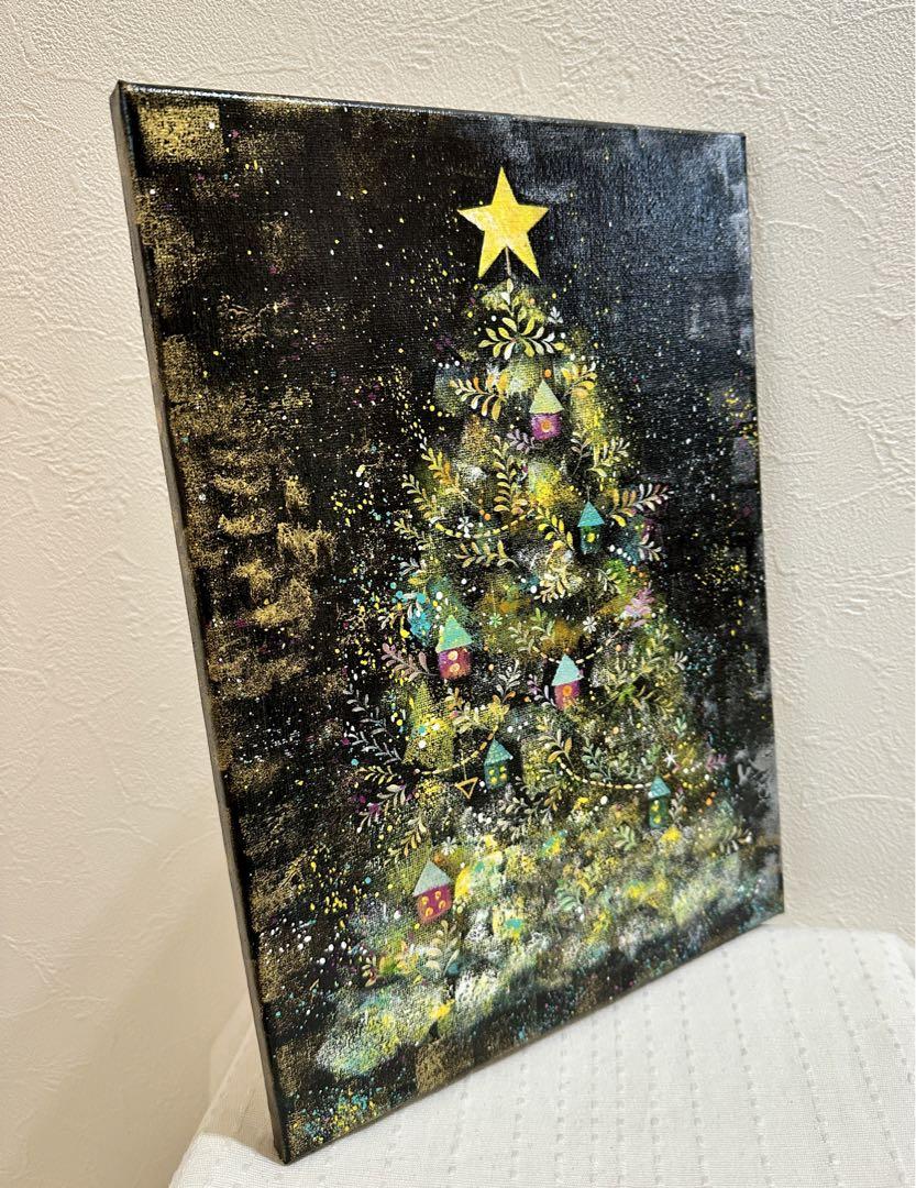 手描き ハンドメイド アート クリスマス絵画 抽象画【大きな星と祈りの木 】
