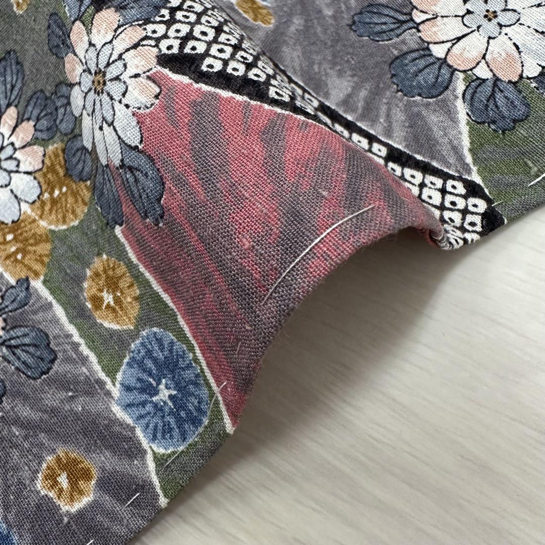 紬 華やかな染め 花模様に絞り柄 着物 正絹 しつけ糸 袷 広衿RK-4129