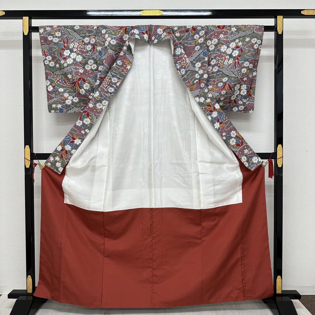 紬 華やかな染め 花模様に絞り柄 着物 正絹 しつけ糸 袷 広衿RK-4129