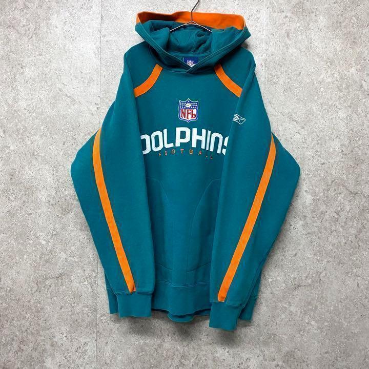 【希少☆US輸入】リーボック NFLドルフィンズ刺繍スウェットパーカー メンズL
