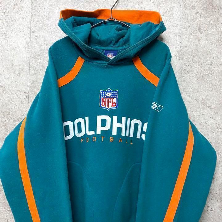 【希少☆US輸入】リーボック NFLドルフィンズ刺繍スウェットパーカー メンズL
