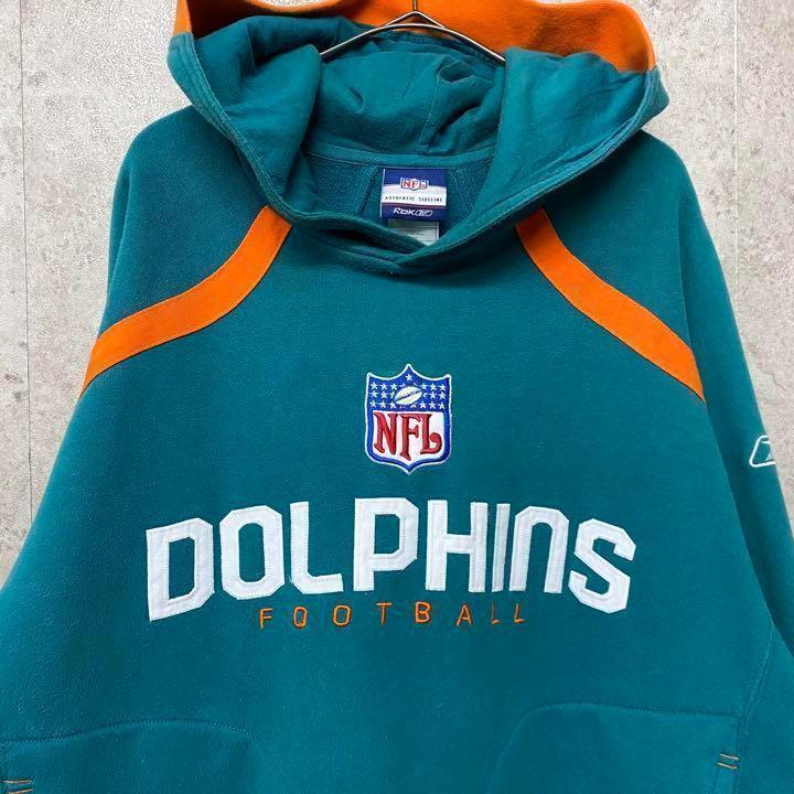 【希少☆US輸入】リーボック NFLドルフィンズ刺繍スウェットパーカー メンズL