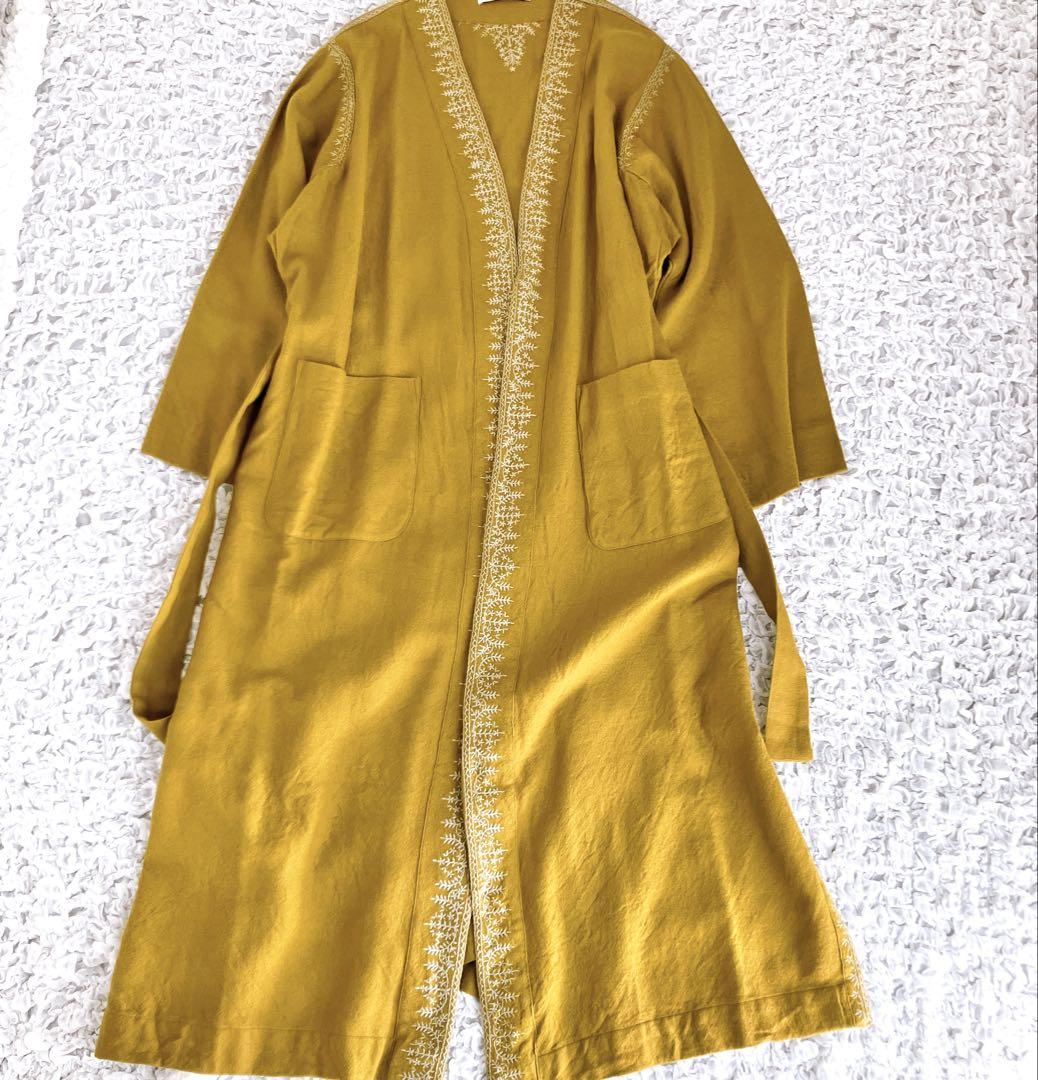 刺繍ロングカーディガン マスタード