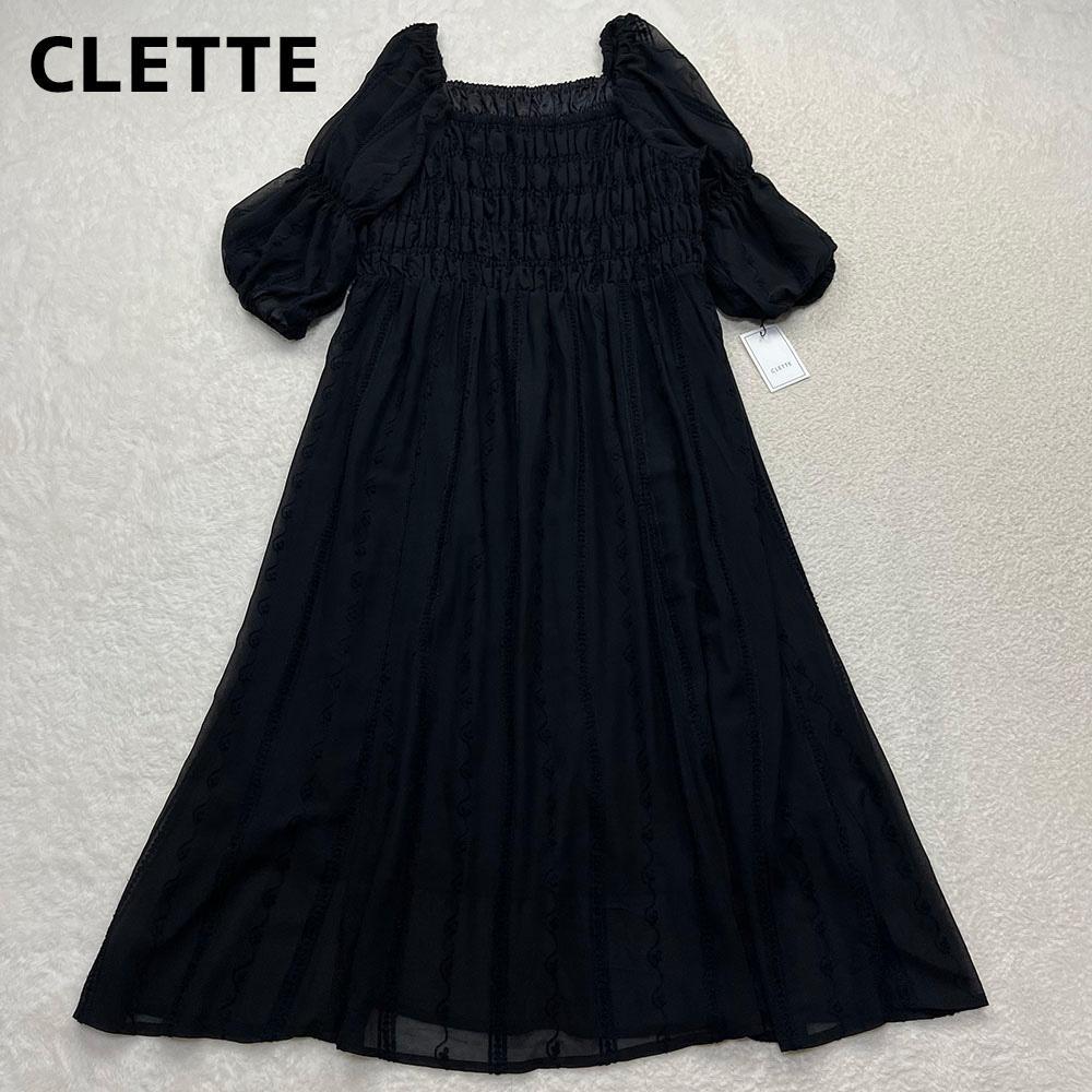 CLETTE　オリジナル★刺繍入りシャーリングワンピース　ブラック
