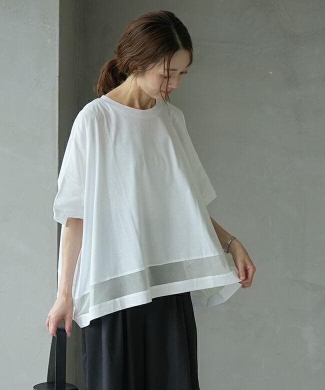 mizuiroind mesh mix メッシュミックスワイドプルオーバー 白