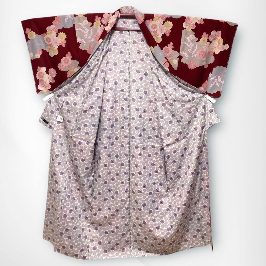 【未使用美品✨】洗える着物　小紋　ヒロミチナカノ　海老色　菊に梅　日本製　F1