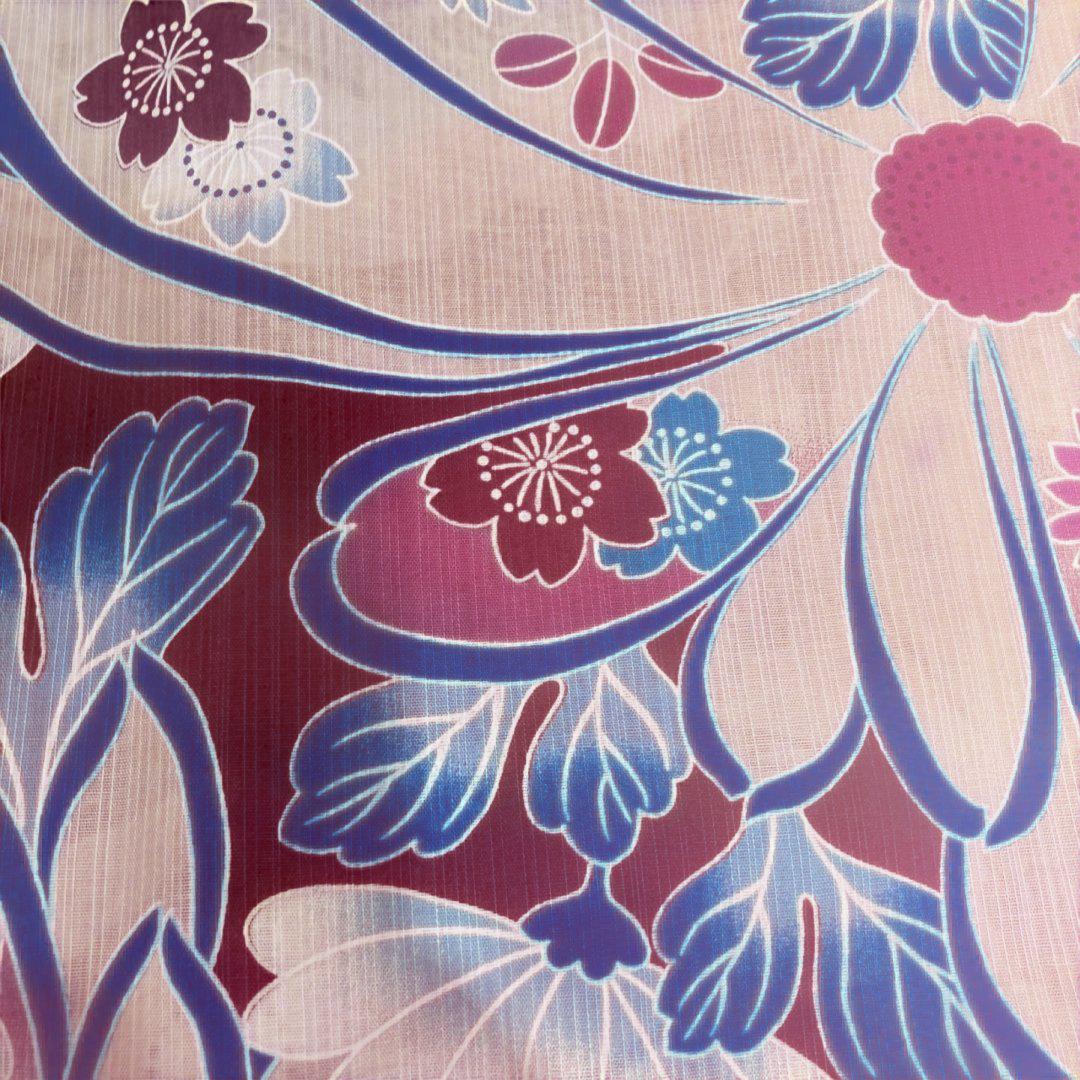 新品 未 紅型調 未使用赤と青の花柄 浴衣 綿 寸法写真表示