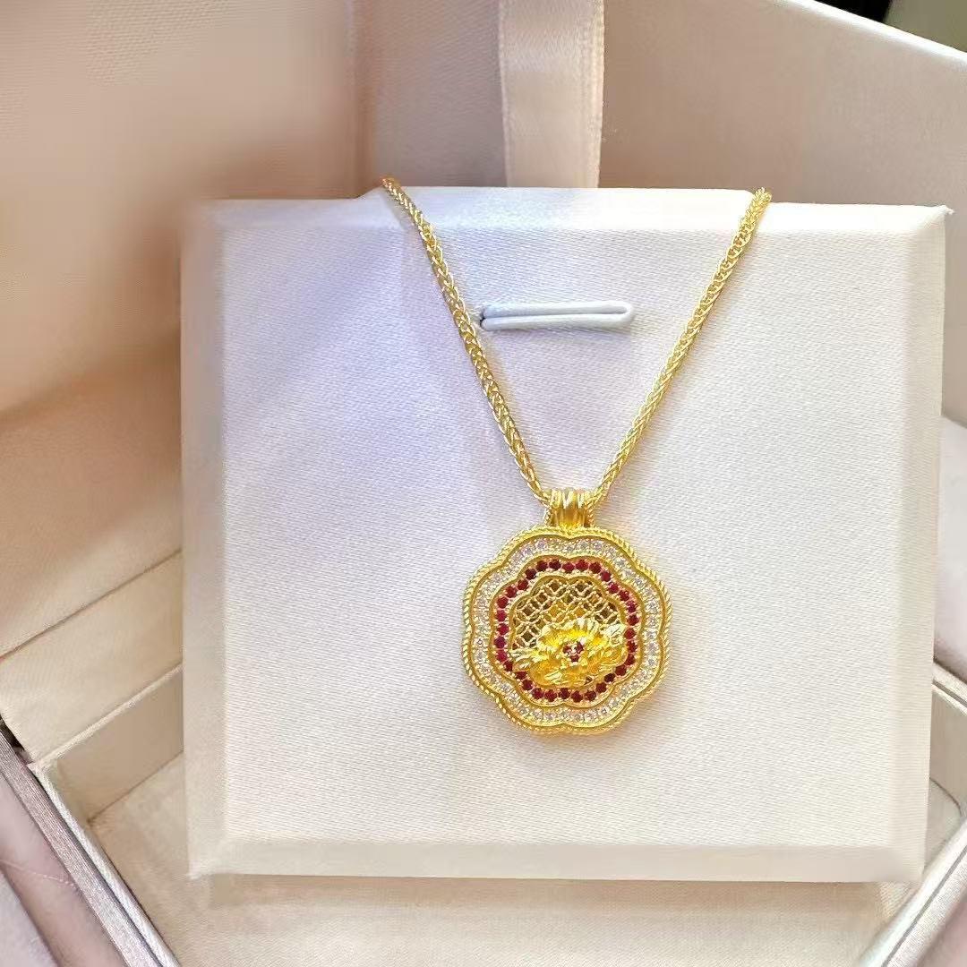 24K 24金　牡丹の首飾り 足金999刻印入り