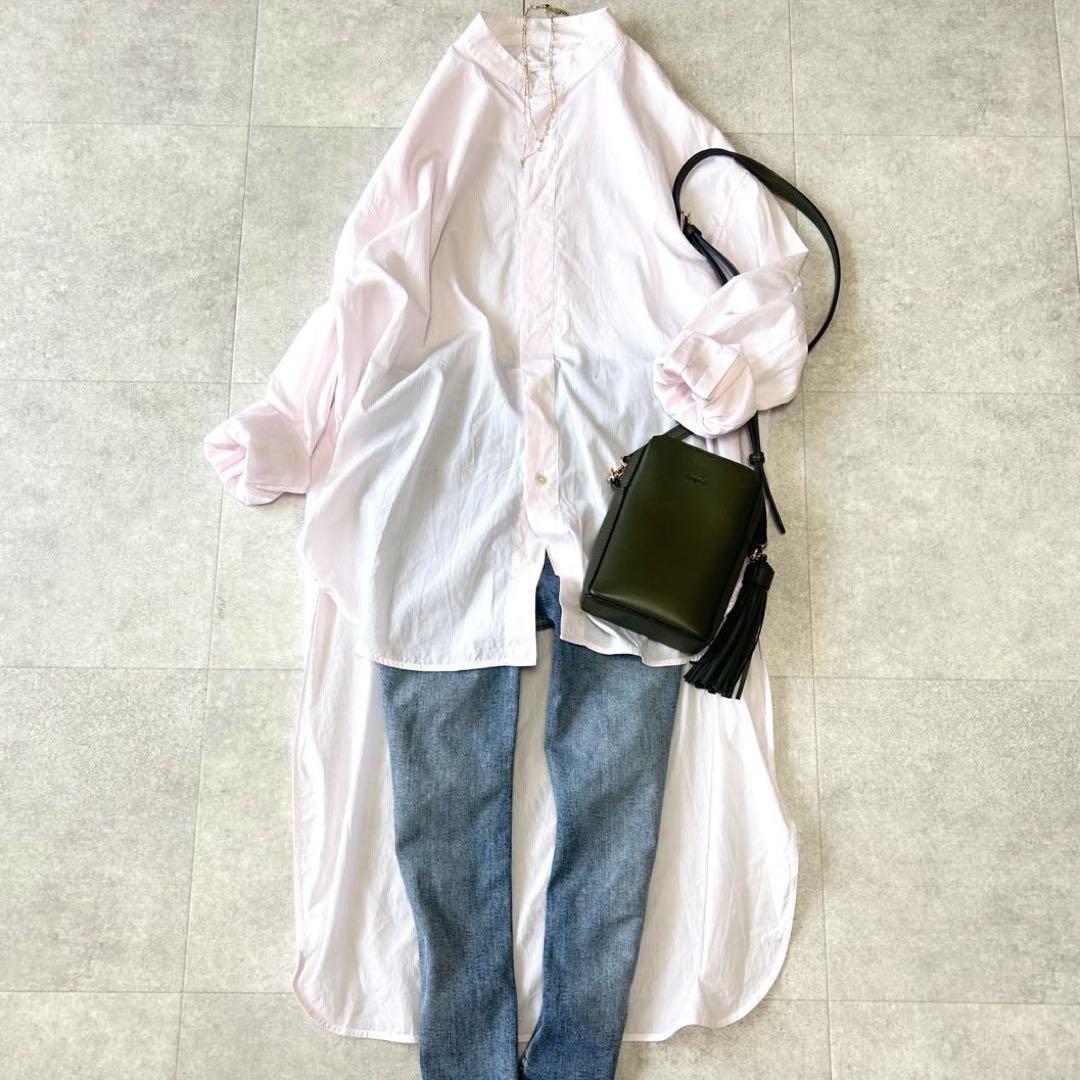 美品 トゥモローランド コットンバンドカラーチュニックシャツ ストライプ ピンク