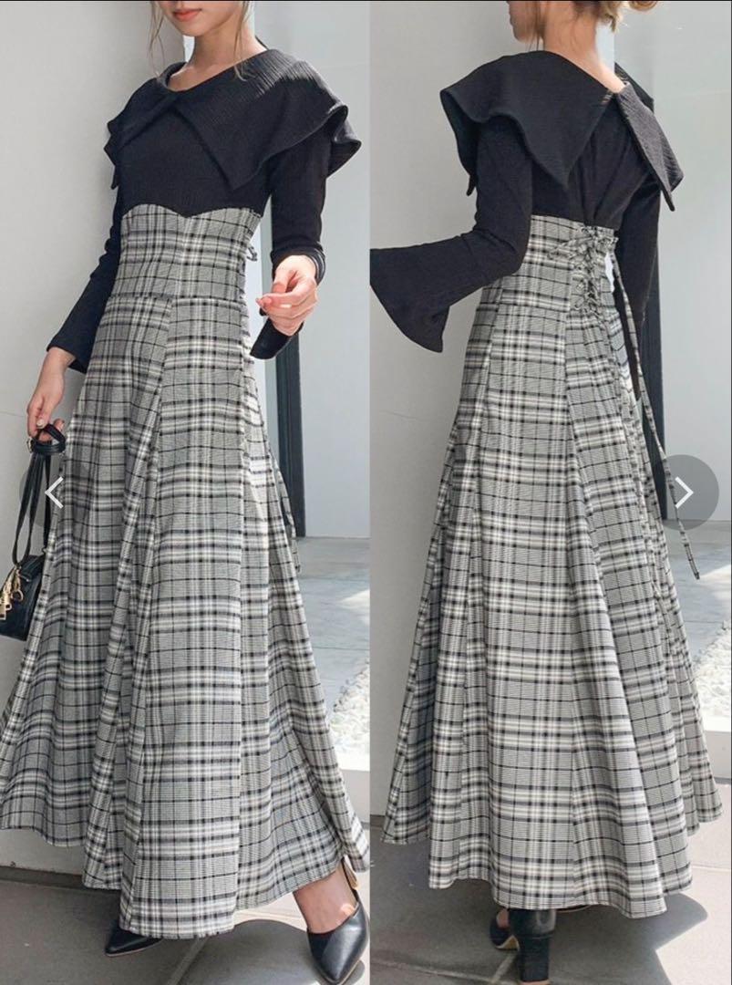 ＊dazzlin＊ビッグカラーチェックコルセットワンピース＊ロング丈＊黒＊S