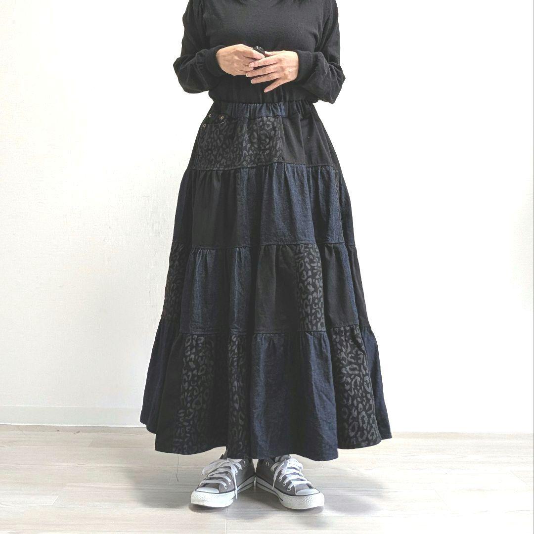 ハンドメイド リメイク ヒョウ柄 デニム ボリューム ティアード スカート ハンドメイド リメイク ヒョウ柄 デニム ボリューム ティアード スカート