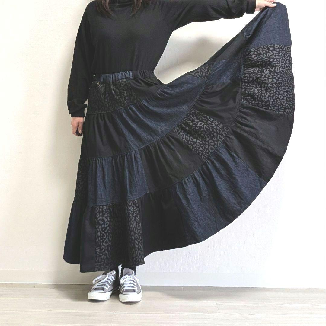ハンドメイド リメイク ヒョウ柄 デニム ボリューム ティアード スカート ハンドメイド リメイク ヒョウ柄 デニム ボリューム ティアード スカート