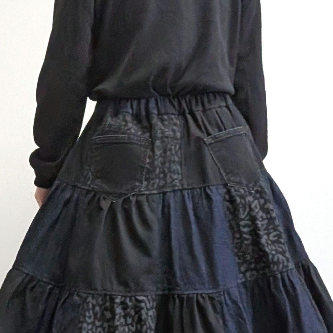 ハンドメイド リメイク ヒョウ柄 デニム ボリューム ティアード スカート ハンドメイド リメイク ヒョウ柄 デニム ボリューム ティアード スカート