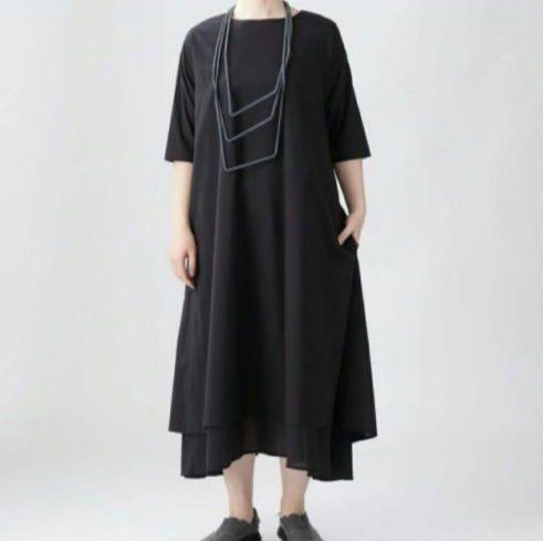 新品　かぐらや　レイヤードロングワンピース　フレア　ゆったりシルエット　ブラック