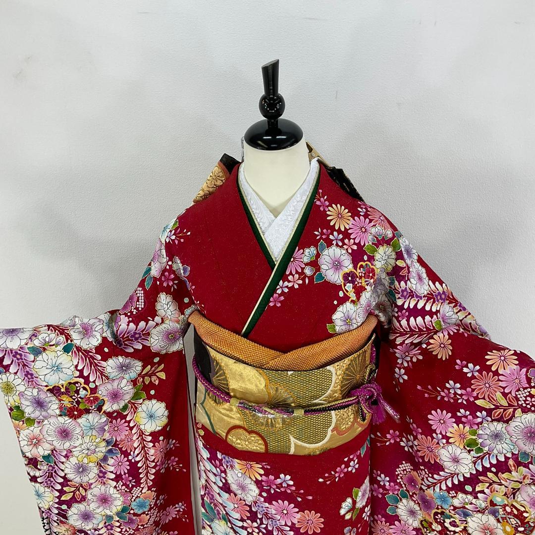 お振袖フルセット 7点セット 赤 辻が花 金通し 正絹 美品 お振袖フルセット 7点セット 赤 辻が花 金通し 正絹 美品
