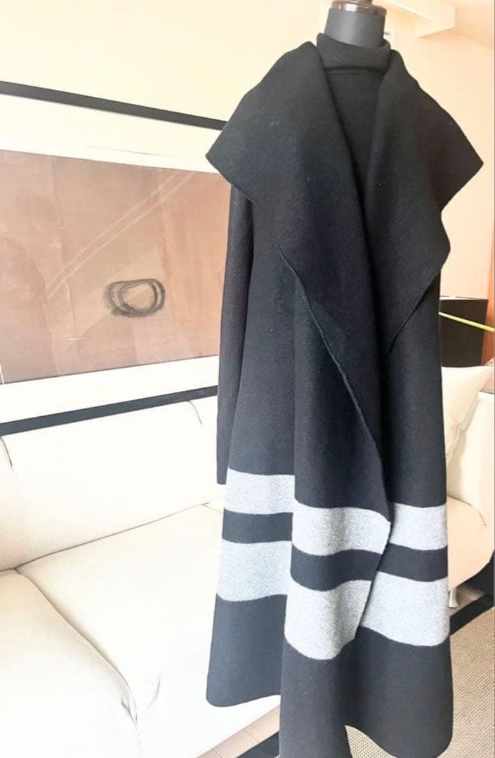 プレインピープル 裾ボーダー ウールロングジレ ジレコートM PLAIN PEOPLE