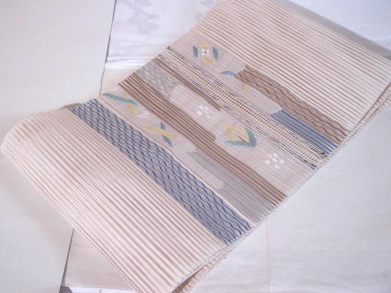 夏物 絽綴れ八寸名古屋帯（抽象文、小花文）長374 薄手で軽 正絹美品
