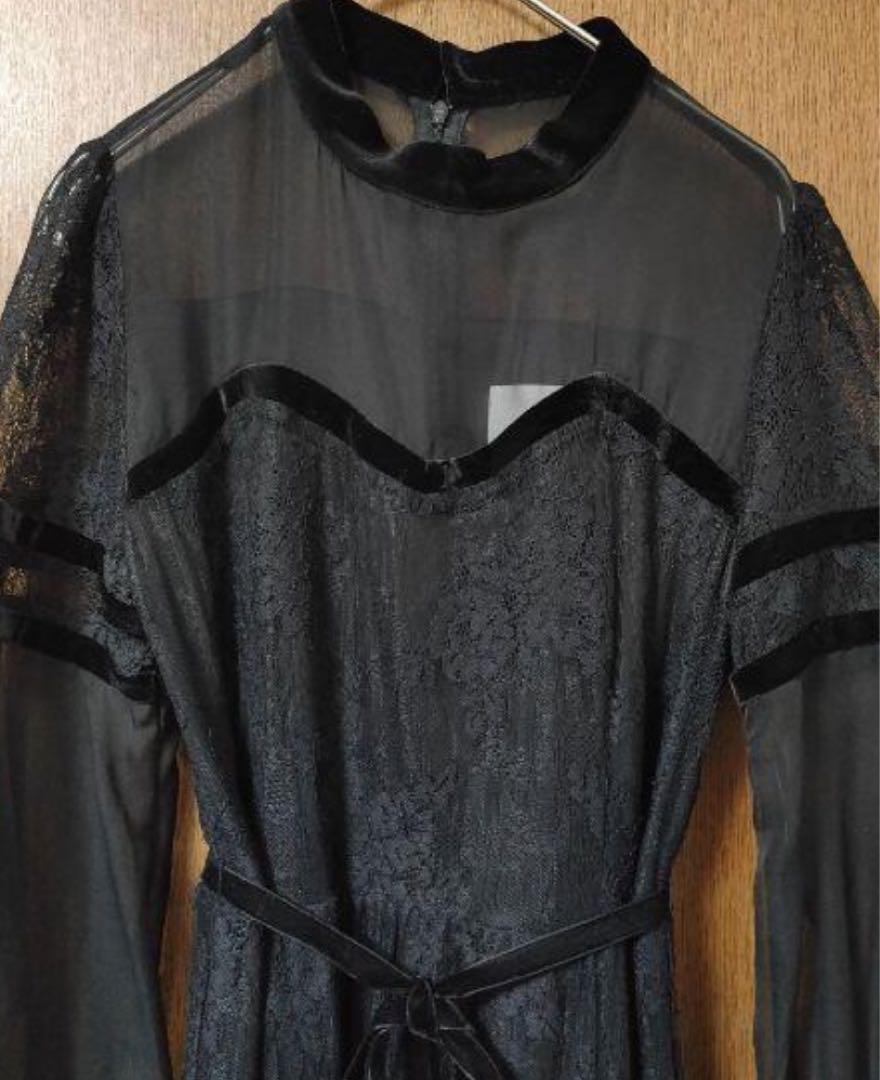 AMERI SHEER LACE DRESS ブラック　ロングワンピース