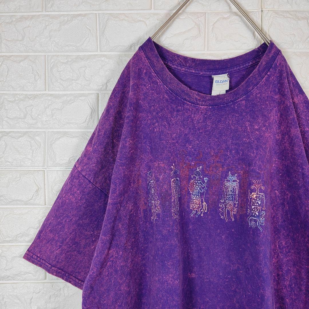 ビンテージ 古代壁画風 Tシャツ 半袖 パープル 2XL